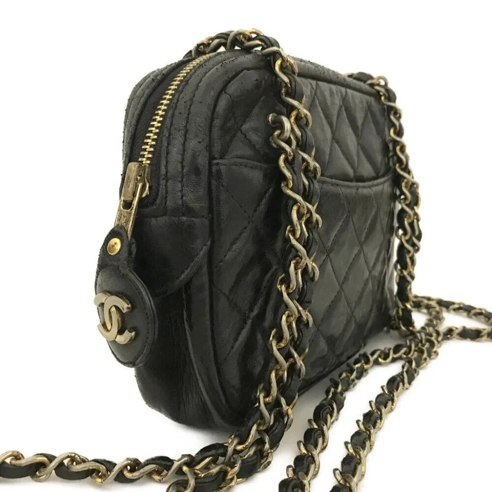 CHANEL Quilted Matelasse Lambskin Chain Shoulder Camera Bag Black leather gold - Picture 3 of 16